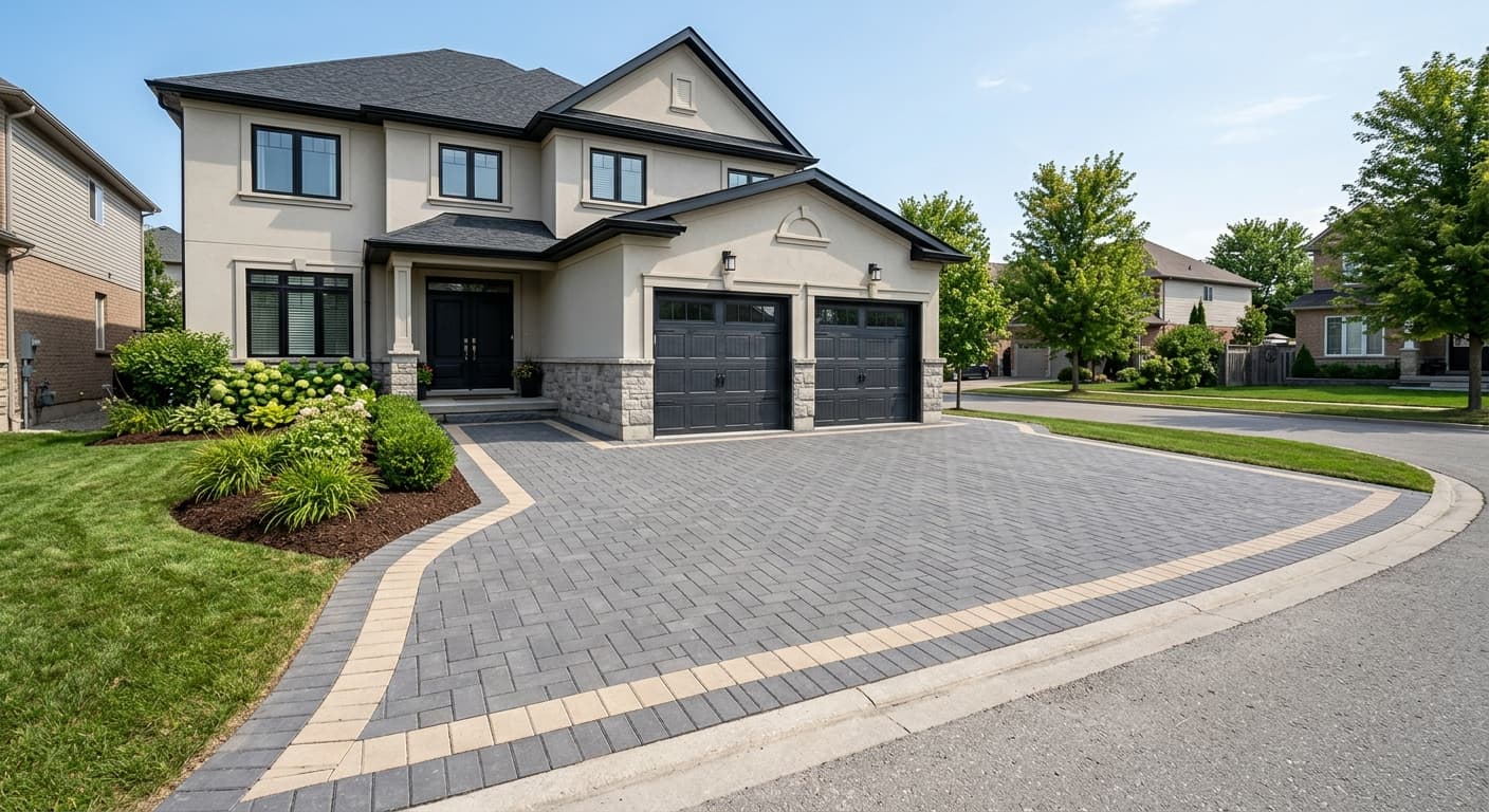 Completed interlocking stone driveway at a detached home in Oakville