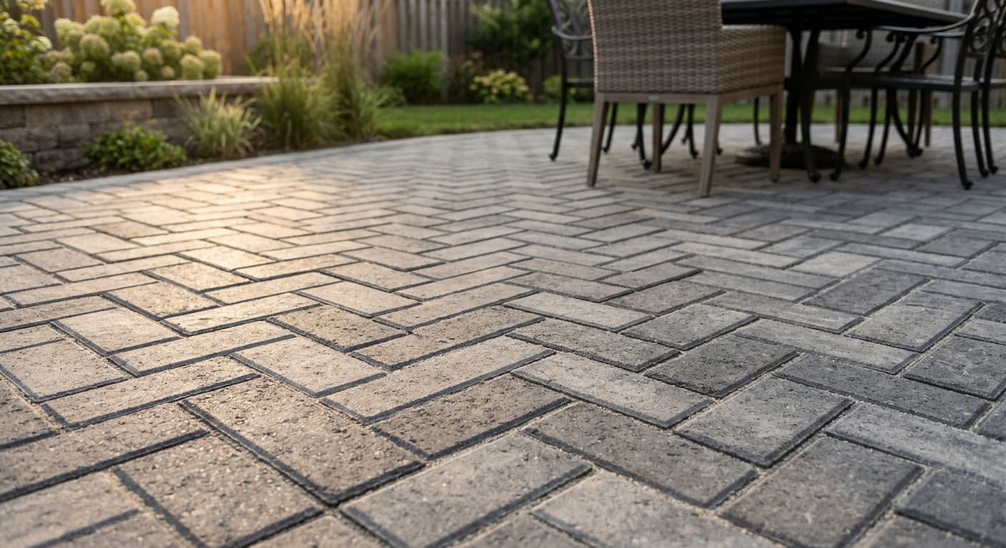 Close-up of herringbone pattern interlocking stone patio at golden hour