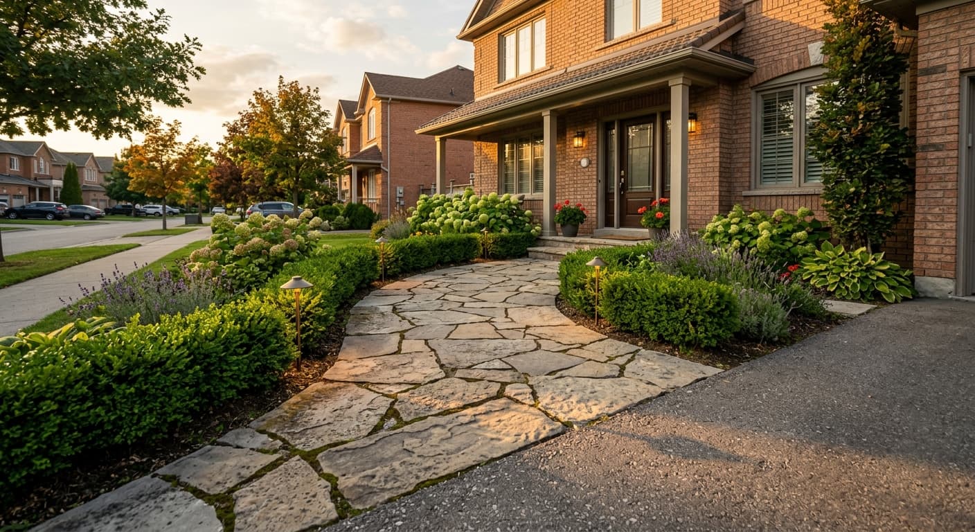Curved flagstone walkway with boxwood hedges at a GTA townhouse