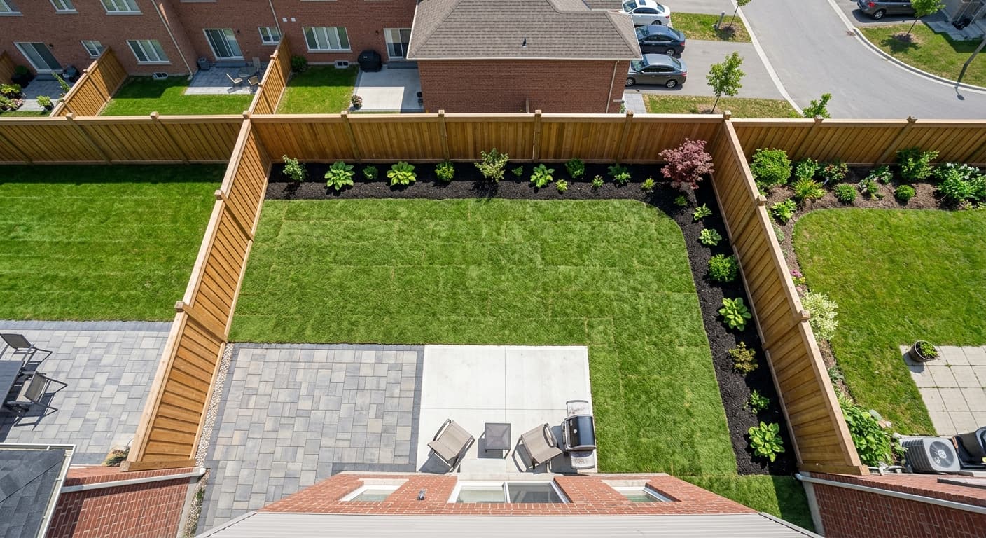 Drone view of newly sodded backyard at a Mississauga townhouse