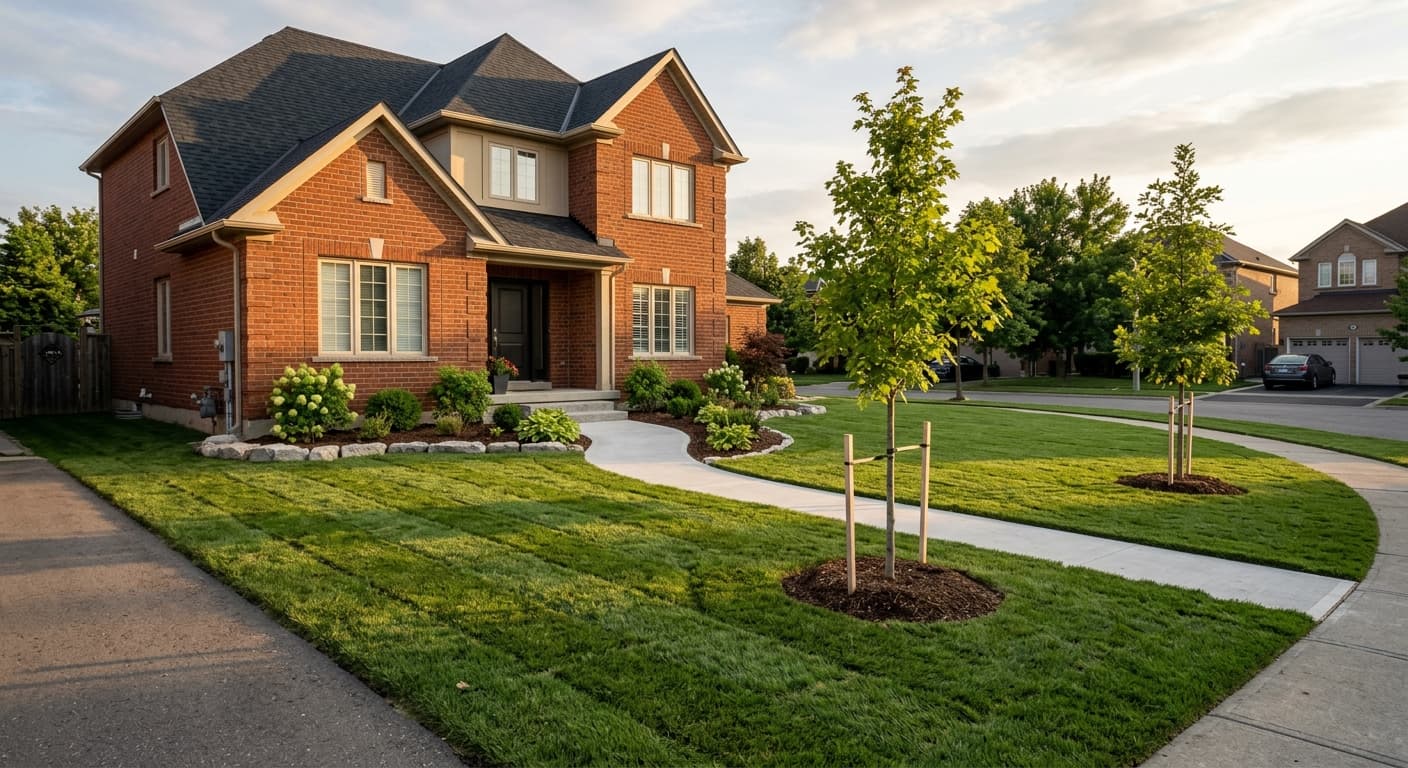 Freshly installed Kentucky bluegrass sod on a front yard in the GTA at golden hour
